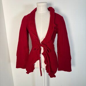 Elena Solano Red Boiled Wool Blazer Cardigan Tie Front Ruffle Romantic Cottage M